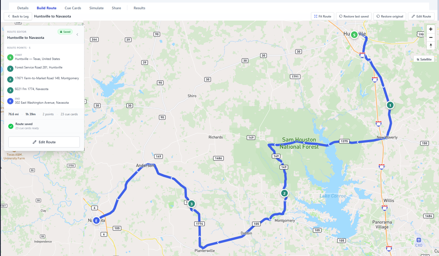 TourCue route builder showing a planned driving route from Huntsville to Navasota, Texas